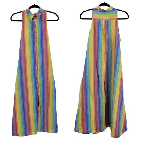 M.D.S. Stripes Shirtdress Dress Rainbow Pinafore Collar A-line Midi Pockets Sz 2 - Picture 1 of 13
